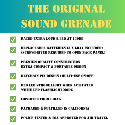 Sound Grenade by BASU® 130dB, Use in Any Emergency--Just Pull The Pin, Extra Loud, Batteries Included (Military Green)